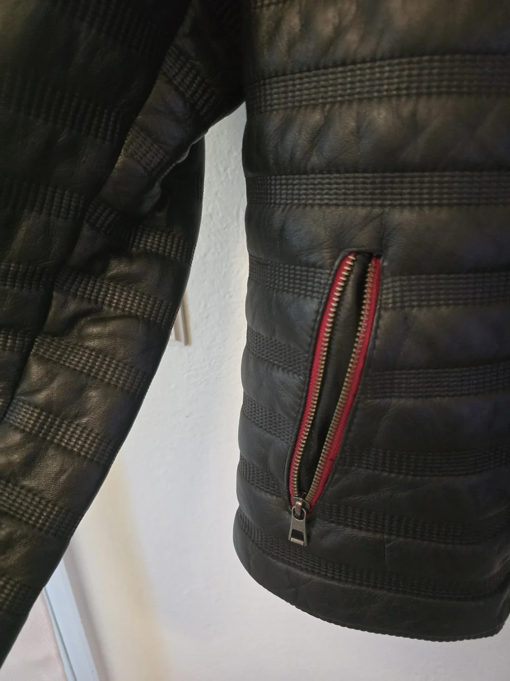 Black Quilted Puffer LEATHER Jacket with Red Trim